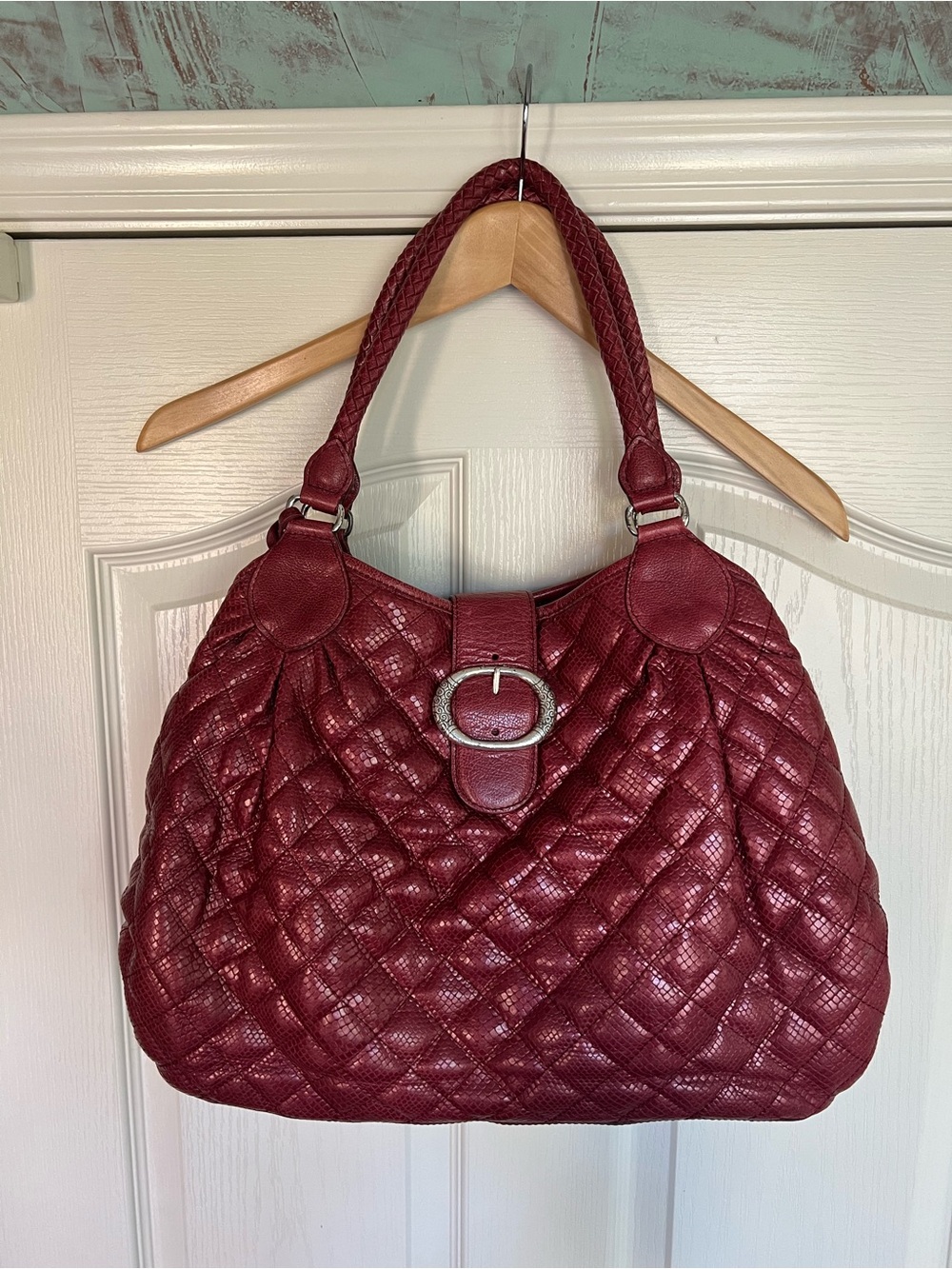Brighton Burgundy Red Leather
Quilted Large Satchel Shoulder Bag
Heart Charm
